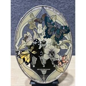 VGT Butterfly & Floral Suncatcher Stained Glass Oval Silver Trim Chained Hanger